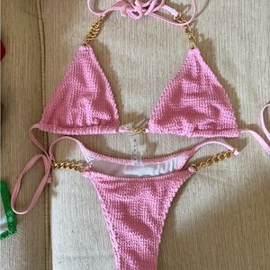 SHEIN Pink Textured Bikini with Gold Chain